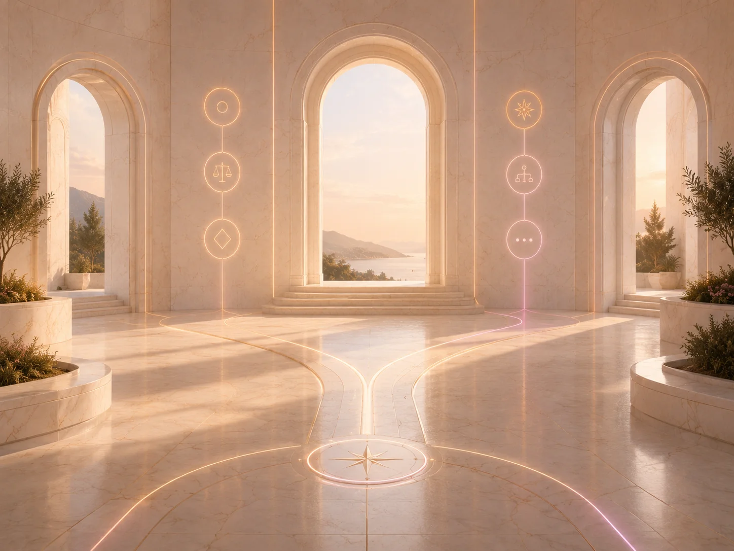 Compass-pattern plaza with radiating paths for CloudNSite AI automation decision guides.