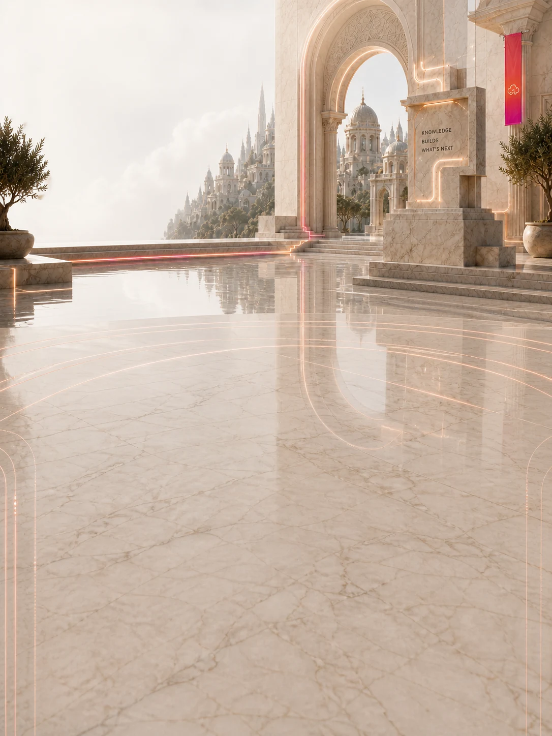 Plaza arch with stepped tiers framing CloudNSite guides and AI automation playbooks.