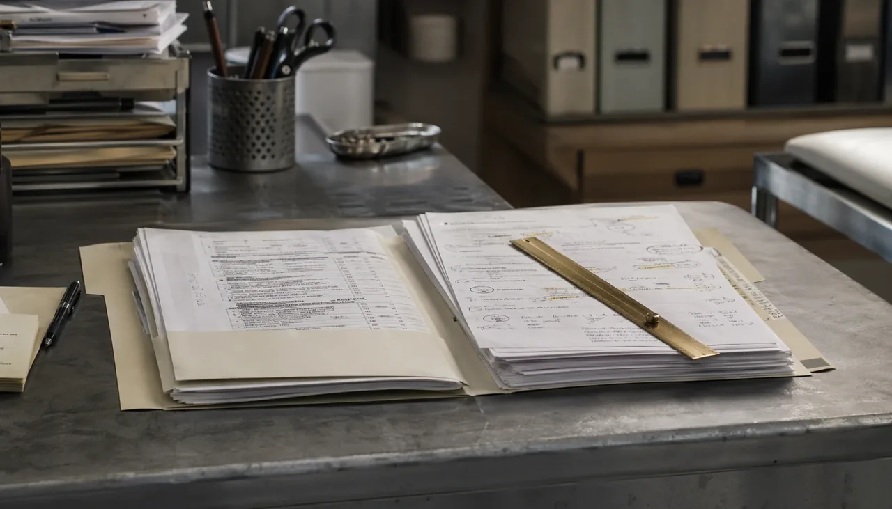 Open audit folder with annotated pages and a brass ruler on a matte table under warm practical light.