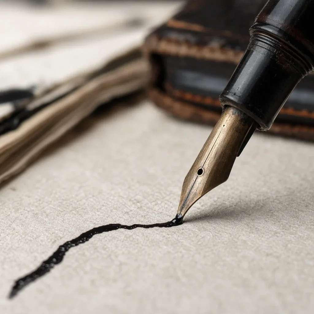 Closeup of a pen writing on paper, ink mid-stroke.