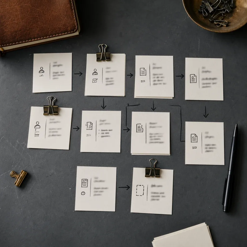 Paper workflow cards arranged overhead on a charcoal desk, mapping out an AI agent build for a small medical practice.
